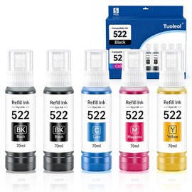 Tuoleol T522 Ink Refill Bottles (5 Bottles) Compatible for ET-2800 ET-2400 ET-4800 ET-2803 ET-2720 ET-4700 ET-4810 ET-2840 Printers (2 Black, 1 Cyan, 1 Magenta, 1 Yellow)