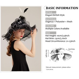 RZTA Women's Kentucky Derby Church Dress Hat Wide Brim Leaf Flower Bridal Shower Hat, 10-black,white, One Size