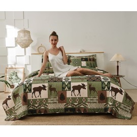 Hailea Bedding Set Full/Queen Size Rustic Cabin Quilts Moose Bear Bedspread Cottage Coverlet Soft Lightweight All Season Country Bed Set, 1 Quilt 2 Pillow Shams