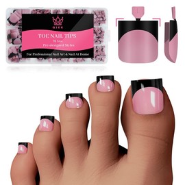 QIEK Toenail Press Ons French Tip, Berry Pink Black Elegant False Toe Nail Extension 15 Sizes 270 Pcs Sharp Square Acrylic Tips Pre-applied Nail Primer & Base Coat Full Cover for DIY Home 2025 Summer