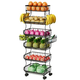 Simple Trending 6 Tier Rolling Cart, Stackable Fruit Vegetable Basket with Wheels and 2 Hanging Basket, Kitchen Storage Metal Wire Basket Stand for Vegetable Bread Snacks, Black