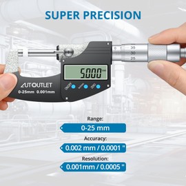 AUTOUTLET Micrometer Digital Outside Micrometer 0-25 mm/ 0.001 mm(0.00005"), LCD Digital Micrometer Micrometer Calipers Inch/Metric Measurement, High Precision Micrometer Measuring Tool