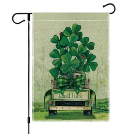 St Patricks Day Garden Flag 12.5 ×18 Inch Double Sided Green Shamrock Luck Truck Vertical Burlap Double Sided Flag Clover Welcome Small Outside Vertical Holiday Home Yard Holiday Decor