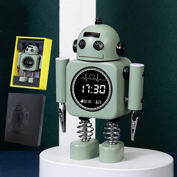 Robot Alarm Clock, Kids Alarm Clock Non-Ticking, Alarm Clock Children with Flashing Eye Lights and Rotating Arm, Digital Alarm Wake Up Clock with Snooze Function and Temperature LED Display-Green