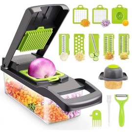 Vegetable Chopper Multifunctional 16-in-1 Food Choppers Onion Vegetable Slicer Cutter Dicer Firm and Hard press down chopper with 8 Blades, Colander Basket Container for Salad Potato Carrot Garlic