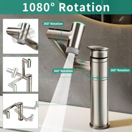 HEROBAI Modern Bathroom Faucet 1 Hole with Temperature Display(Batteries-Free), 1080° Rotatable Single Hole Bathroom Faucet, Single Handle Bathroom Vanity Faucets, 2 Spray Modes (Brushed Nickel)