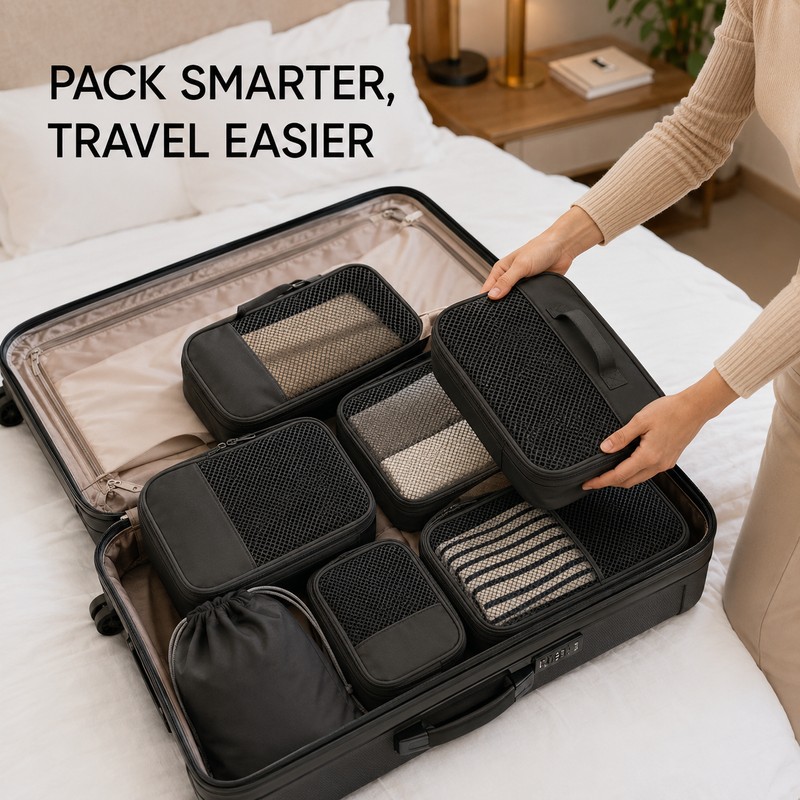 6-Piece Travel Compression Packing Cube Set with Mesh Panels and
