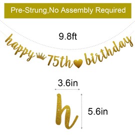 Happy 75th Birthday Banner, Pre-Strung,Gold Glitter Paper Garlands for 75th Birthday Party Decoratiopns Supplies, Letters Gold,ABCpartyland