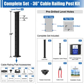 CKE 5ft-10ft Complete Set 36" Cable Railing Post Kit, 2Pack Black Level Drilled Line Posts(35"x2"x2"), Swageless Deck Cable Railing System Kit, 150ft 1/8" Wire Rope(No Handrail), Black Post Kit LPS02