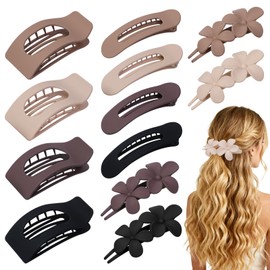 12 Pack Flat Hair Clips for Women – Matte Neutral Square Claw Clips, Flat Barrettes & Flower Pins in Black, Blonde,Light Brown & Dark Brown, Soft Touch Hair Accessories for Thick & Thin Hair