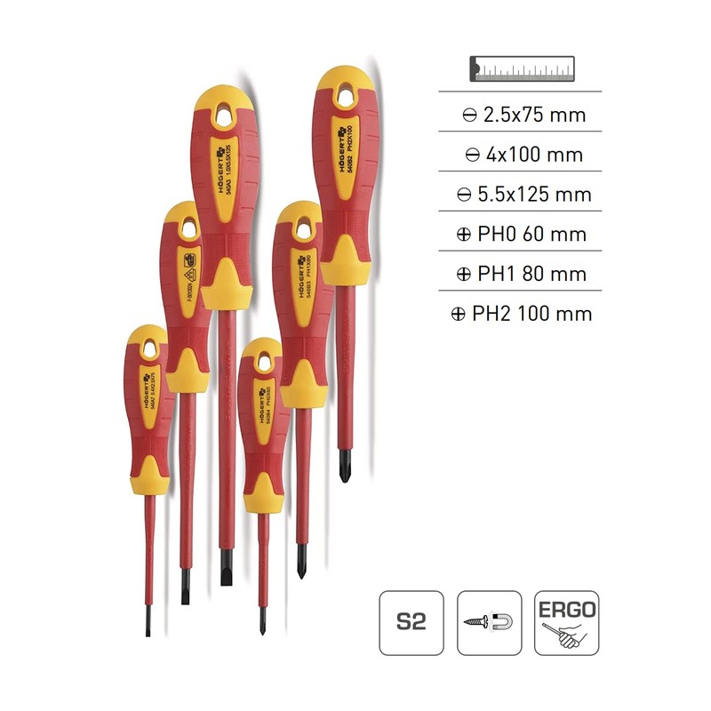 Högert Technik, Set of 6 Insulated Screwdrivers 1000V S2 Steel