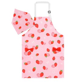 Athbavib Children's Apron, Strawberry, Pink, with Triangular Cloth Included, Children's Apron, Adjustable 19.7 x 23.6 inches (50 x 60 cm), Waterproof Cotton, For Boys and Girls, Kindergarten,