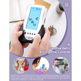 HLF - Consola de juegos de ladrillo de bloque retro, visualización grande, brillo de retroiluminación azul, se puede ajustar en 23 juegos compatibles con batería de litio/pilas AAA se pueden conectar auriculares (negro)