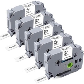 TAAUS Compatible TZe 231 Tze-231 Label Tape Replacement for Brother P Touch Label Maker, Tze Tape 12mm Black On White for PT D210 H110 D400 - Laminated, 5 Pack