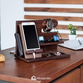 Bluelander Wood Men's Desk Organizer & Cell Phone Stand, Nightstand Valet Station - Father's Day Gift