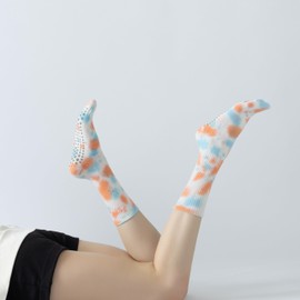 Yoga Pilates Socks with Grips for Women Non Slip Colorful Tie Dye Cushioned Crew Socks for Barre Ballet Dance (Orange/Blue)