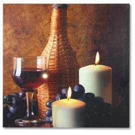 BANBERRY DESIGNS Lighted Candles and Wine Canvas Picture - Wine Themed Artwork with LED Lights - Wine and Grape Picture - 12" x 12"