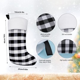 KINBOM 6 Pcs Large Christmas Stockings,18 Inch / 45.7cm White Black Buffalo Plaid Christmas Stockings Fireplace Hanging Stockings for Family Christmas Holiday Season Party Decoration