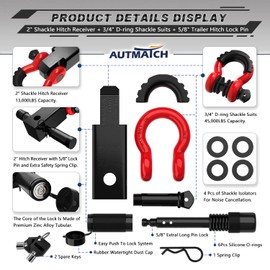 AUTMATCH Shackle Hitch Receiver 2 Inch - 3/4" D Ring Shackle and 5/8" Trailer Hitch Lock Pin, 45,000 Lbs Break Strength Heavy Duty Receiver Kit for Vehicle Recovery, Black & Red