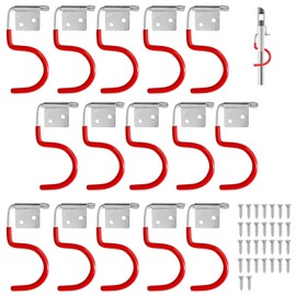 GANILITY Garden Tool Holder Metal Hooks, Pack of 15 Red Wall Hooks, Garage Hooks, Non-Slip Rubber Coating Garden Tools Hanging, with 30 Screws for Garage Basement Tool Shed