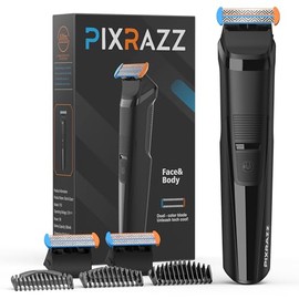 PIXRAZZ Body Trimmer for Men – Painless Ball Shaver, Groin Trimmer for Pubic Hair, Body and Sensitive Skin – USB-C Cordless Electric Razor with 2 Replacement Blades, 3 Guide Combs