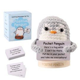 TOYMIS Positive Penguin with Wooden Base, Magnetic Crocheted Penguin 30 Positive Emotional Cards from Your Best Friend Creative Support Knitted Animals Desktop Decor Funny Xmas Graduation Gift