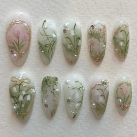 24Pcs Orchid Flower Press on Nails Almond Medium Fake Nails with 3D Pearl Rhinestones Green White Floral Nails Designs French Tip False Nails Full Cover Acrylic Glue on Nails for Women Daily Wear