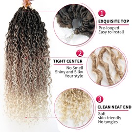 Curly Faux Goddess Locs Crochet Hair 18Inch Pre Looped Synthetic Deep Curly Hairstyle Hippie Locs Crochet Braids Extensions(1B/27/613,18inch(Pack of 8))
