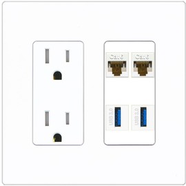 RiteAV 2 Port Cat6 2 USB3 Wall Plate - Tamper-Resistant Outlet [Screwless White]