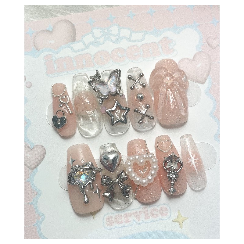 Peach Butterfly Handmade Nail Tips - Oval / 피치 버터플라이