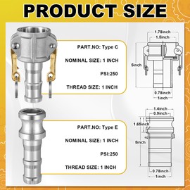 Innconee 2 Set Camlock Fittings Type C&E 1 Inch Aluminum Cam and Groove Hose Fitting Kit include 1" Female Coupling Cam Lock, 1" Male Adapter Camlock, Gasket, Hose Clamps for Industrial