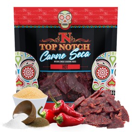 Top Notch Carne Seca Jerky – 2.2 oz Bag of Natural, Dry Style Beef Jerky - High Protein Snacks for Kids and Adults Made From Locally Raised Beef (Hot)