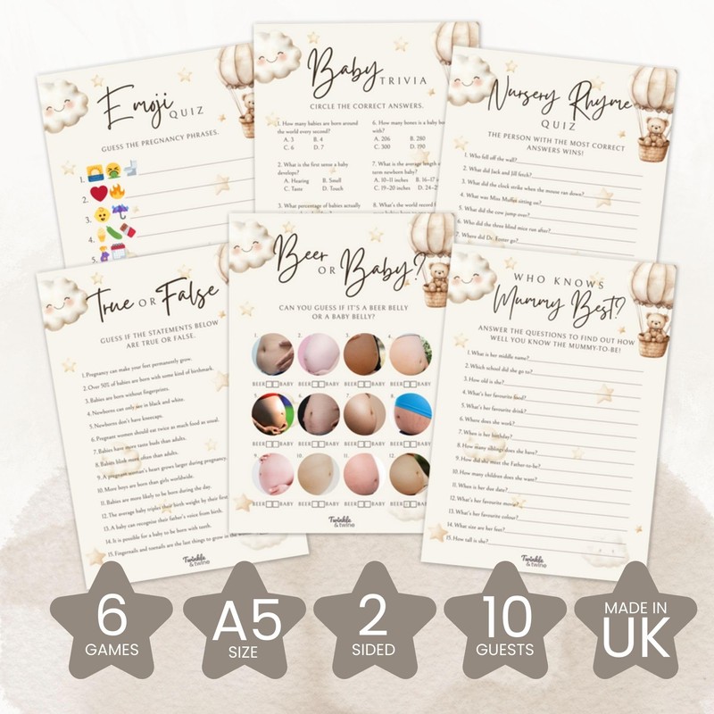 Twinkle & Twine Neutral Teddy Bear Baby Shower Games Bundle