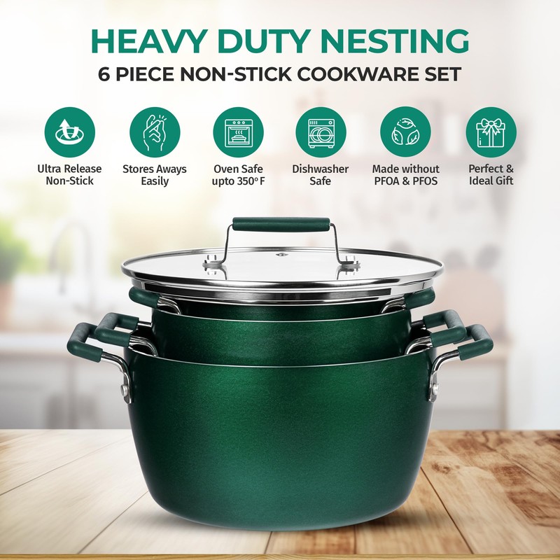 Granitestone Green Pots and Pans Set Nonstick, 6 Stackable Piece
