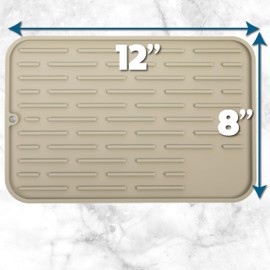 Large Silicone Dish Drying Mat for Kitchen Counter or Under Sink, 12" x 8" Large, Waterproof Pet Feeding Mat, Water Bowls, Under Drying Racks for Dishes, Coffee Bars, Bar Mats (Beige)…