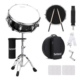 Seteol Snare Drum Set, 14" x 5.5" Marching Snare Drum with Stand & Storage Padded Bag + Silent Mute Pad + Drums Sticks + Drumstick Holder + Drums Key + Damper Gels for Adults Kids Beginners (Black)