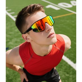 FEISEDY Unisex Youth Sunglasses, Teens Baseball Tennis Sunglasses, UV400 Sports Boys Girls Cycling Shades B4064 (Black Frame/Red Mirror)