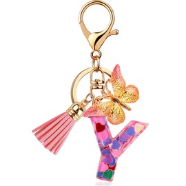 [Looking] Women Keychain Cute Stylish Alphabet Key Ring Pink Initial Letter Reel Strap Tassel Purse Backpack Charm, Pink Y