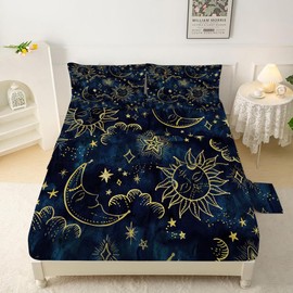 FUYEUN Sun and Moon Sheets Sets Queen Size 4 Pcs Celestial Starry Galaxy Boho Fitted Sheets Bedding for Women Girls Teen Hippie Constellation Bed Sheets with 1 Flat & 2 Pillowcases