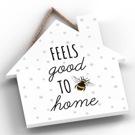 Global Designs Feels Good To Be Home Bee Themed Decorative Wooden House Shaped Hanging Plaque