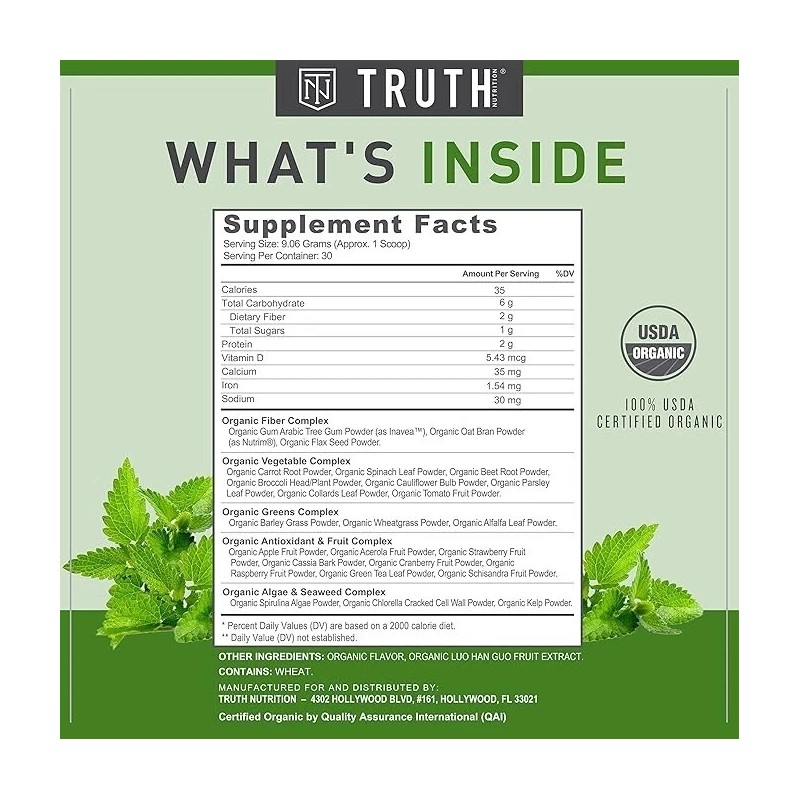 Truth Nutrition Organic Super Greens Plant-Based Mint Flavor Exp 02/26