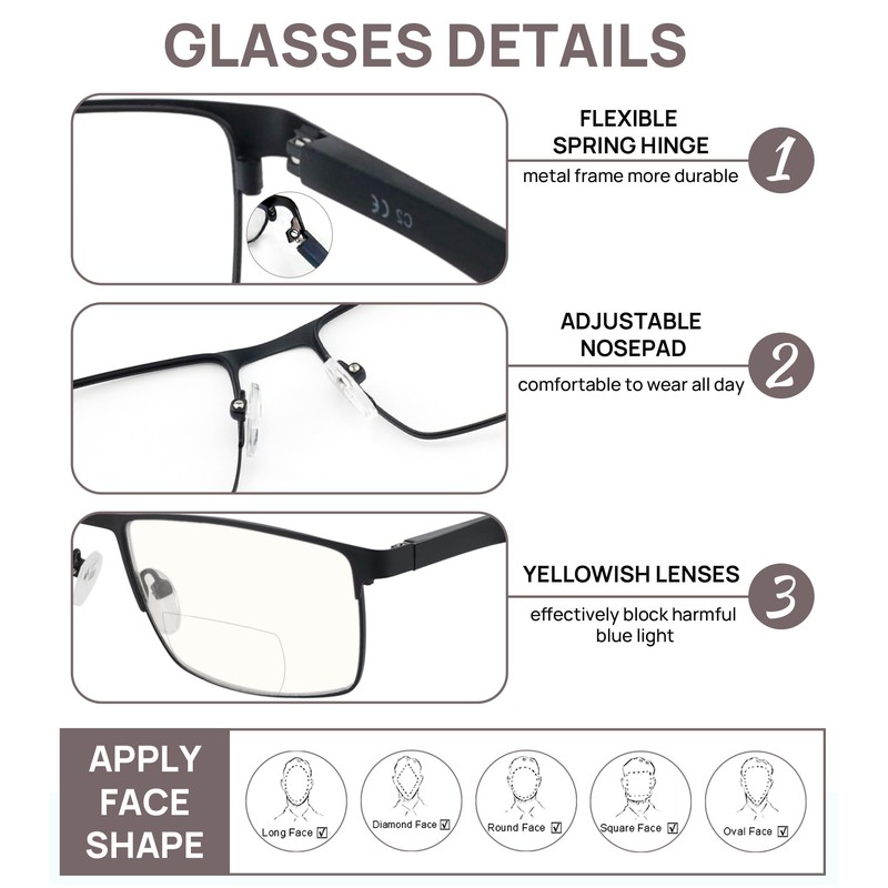 OCCI CHIARI Bifocal Reading Glasses for Men 2.25 Blue Light