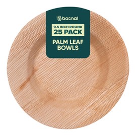 BOSNAL - Palm Leaf Biodegradable Bowls, 9.5 inch Round Soup Bowl, 25 pcs, Compostable, Bamboo and Wood Style, Stackable, Restaurant Grade, Eco Friendly, Disposable