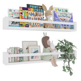 Heimlove Nursery Floating Shelves, White Nursery Book Shelves for Wall, 32 inch Wall Bookshelf for Kids Solid Wood Wall Mounted Shelves for Books,Toys and Decor Storage, Set of 2
