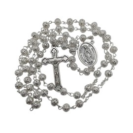 Rosario Católico de Filigrana con Cuentas Plateadas y Crucifijo, Diseño Tradicional