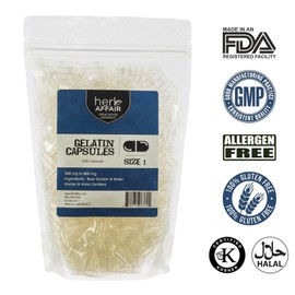 Herb Affair Clear Empty Gelatin Capsules Size 1-1000 Count – Holds 300-600mg - Great for Dogs and Kids Medication - Works with Most Capsule Fillers