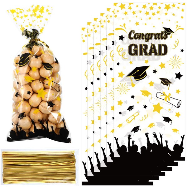 Chuangdi 100 Pack Graduation Grad Cello Bag Grads Party Candy Bag Cellophane Bag Graduation Goody Bags for Graduation Party Table Setting Prom Party Favors Treat Bag (Black Gold)