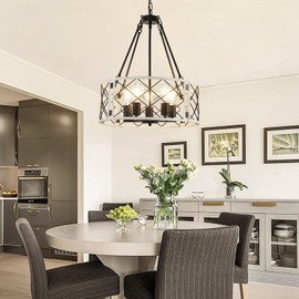 20'' Dining Room Chandelier, 5-Light Industrial Metal Hanging Light Fixture, Rustic Farmhouse Drum Pendant Lights for Living Room, Bedroom, Foyer, Entryway, Kitchen Island, Black and Vintage White