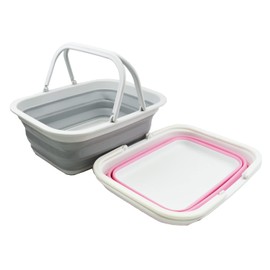 SAMMART 9.2L (2.37Gallon) Collapsible Tub with Handle - Portable Outdoor Picnic Basket/Crater - Foldable Shopping Bag - Space Saving Storage Container (Grey & Pink, 2)
