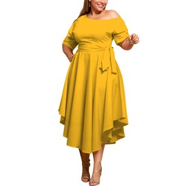 WUSENST Women's Plus Size Semi Formal A-line Midi Dress Sexy Off Shoulder Flowy Hem Elegant Party Wedding Guest Dresses Yellow